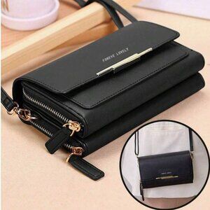 🖤 Chic Black Faux Leather Crossbody with Gold Detail